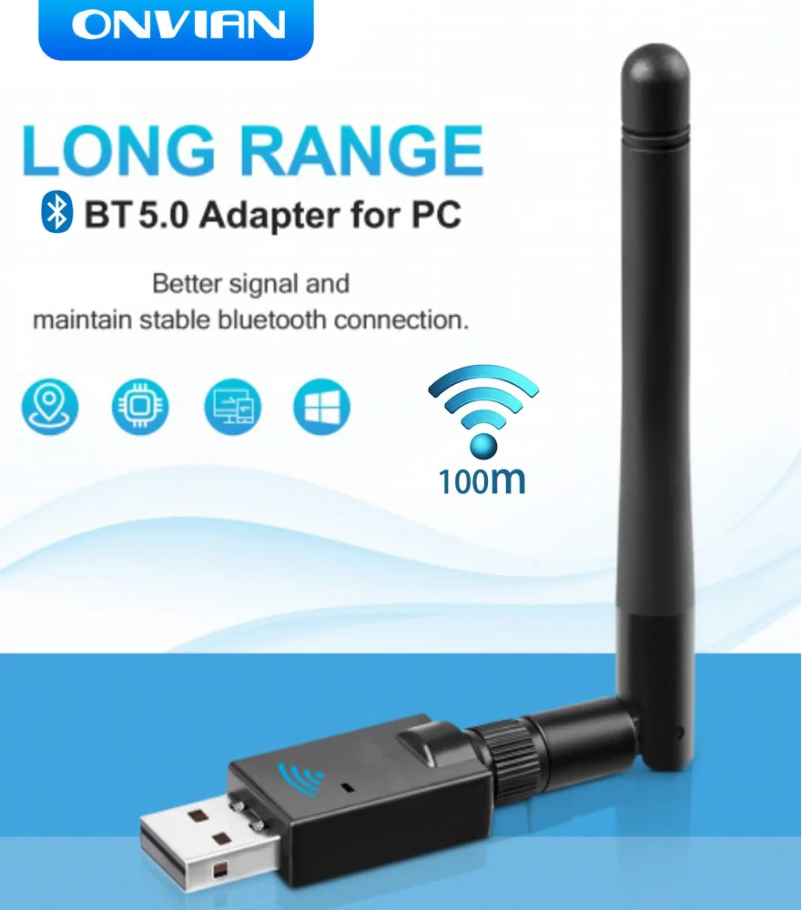 Onvian USB Bluetooth 5.0 Adapter Dongle Antenna Long Range 100M Wireless Audio Receiver Transmitter For PC Laptop Win 7/8/8.1/10
