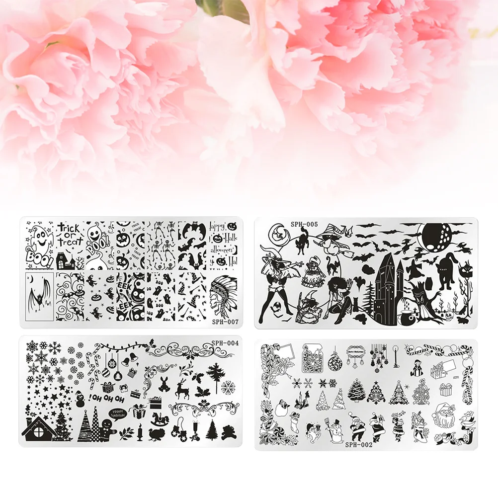 

4pcs Christmas Nail Stamping Plates Snowman Santa Claus Christmas Tree Nail Stamping Kits Nail Templates for Matraca de 1/2