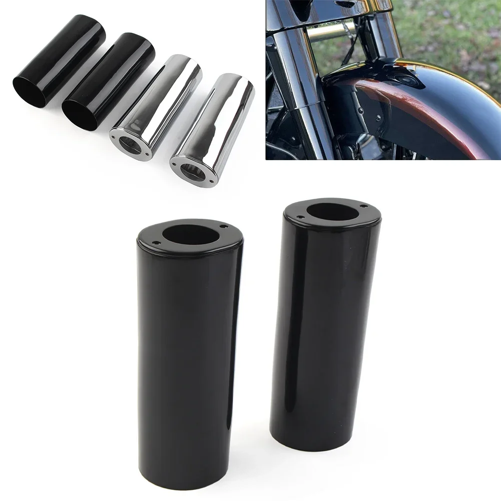 Фото Черный/хромированный мотоцикл для Harley Street Glide Road King Softail FLHR FLHS FLHT FLHX, гладкие 2 дюйма, удлиненные чехлы-слайдеры вилки №2