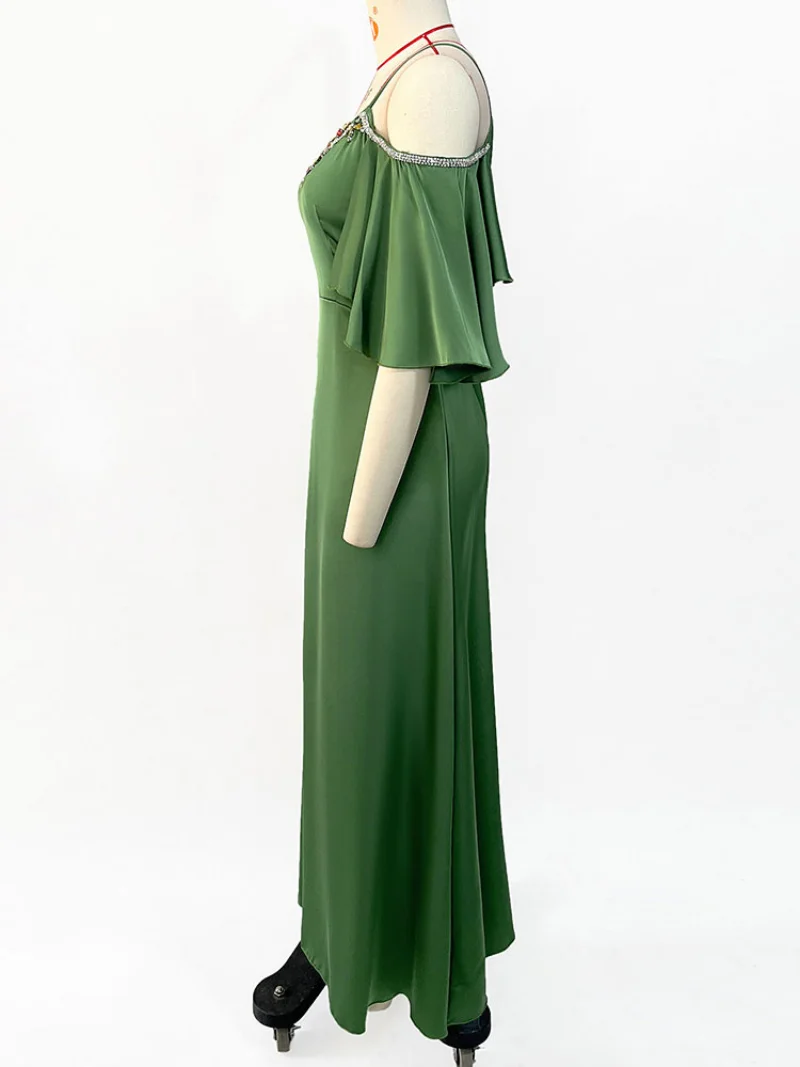 Party Dresses Satin Flowy Rhinestones Embellishments Belted  Moroccan Evening Kaftan for Women Turkish Muslim Long Dress Green