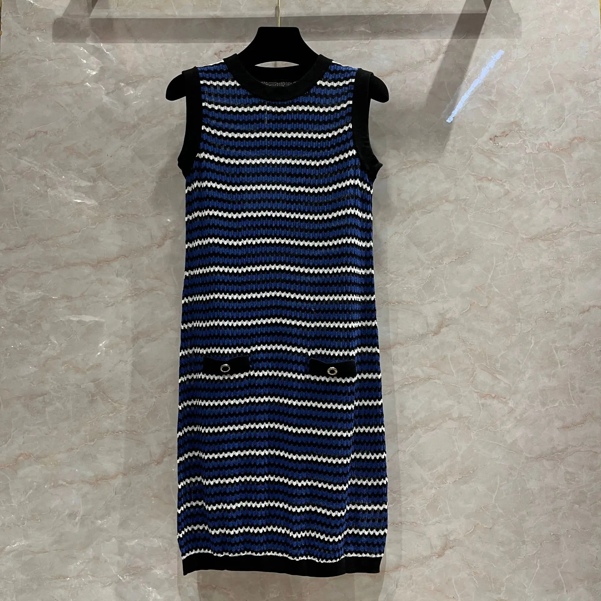 

2022 Summer Fashion Dresses Women Sleeveless Striped Knitting Designer Pure Tencel Elegant Mini Party Dress High Quality Clothes