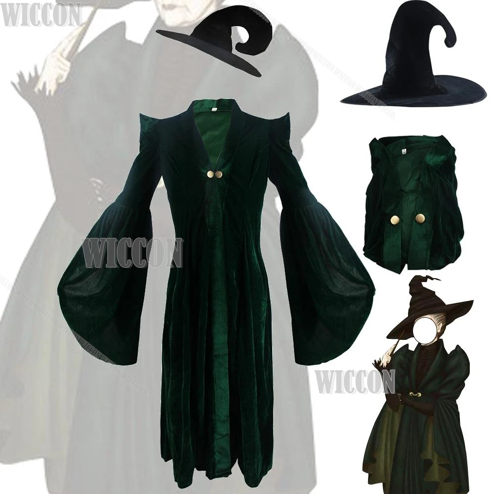 Волшебный мир ведьма профессор MccGoonaagalll зеленый костюм Косплей длинный халат