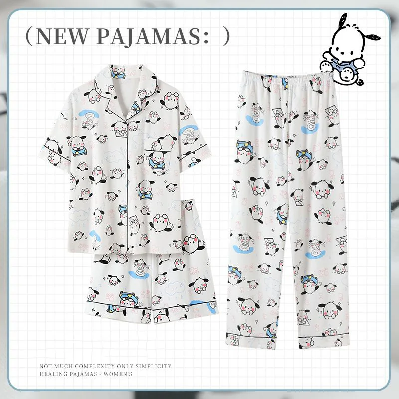 

Sanrio Kawaii Pochacco Pajamas Female Summer Autumn Cartoon Anime Cotton Three-Piece Short-Sleeved Home Clothes Toys for Girls