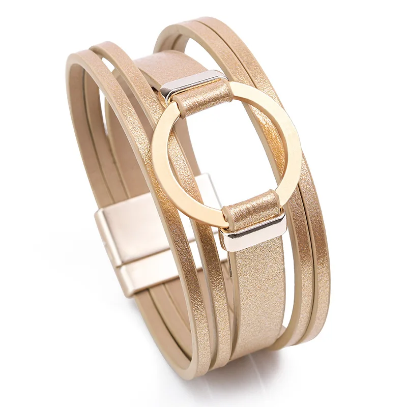 

Женский кожаный браслет в богемном стиле, широкий браслет с металлической двойной круглой подвеской и магнитной застежкой, ювелирные изделия в подарок