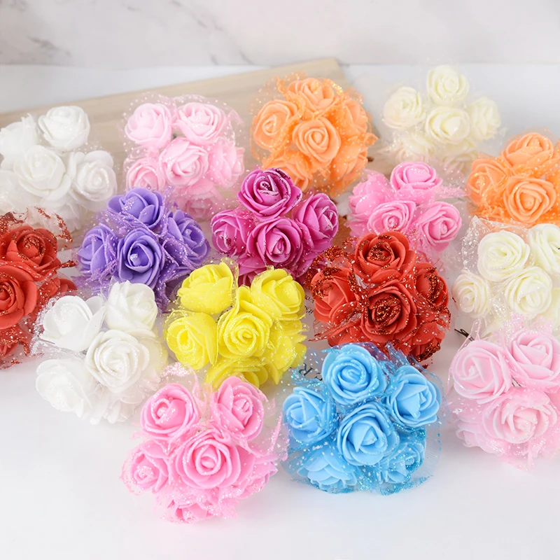 

36/72pcs 3.5cm Glitter Mini Foam Rose Lace Artificial Flowers Bouquet for Wedding Home Decor DIY Gifts Bride Wreath Fake Flower