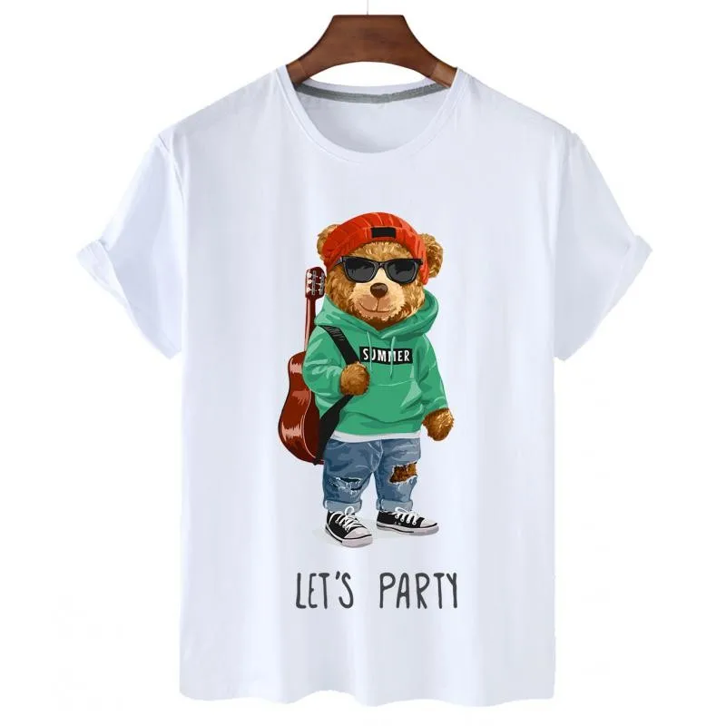 

Men's and Women's Short Sleeve Crew Neck Tee, 2022 Casual Loose Top, 100% Cotton, Bear and Guitar Graphic, XL, S-4XL