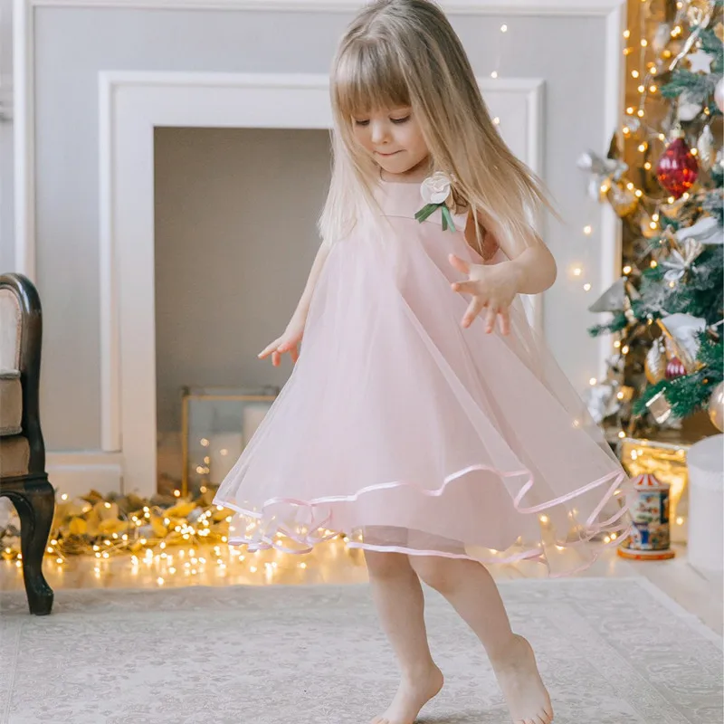 

Summer Sleeveless Appliques Floral Design for Girls Dress 2022 Fashion Mesh Party Princess Dress 3-7Y Baby Girl Clothing