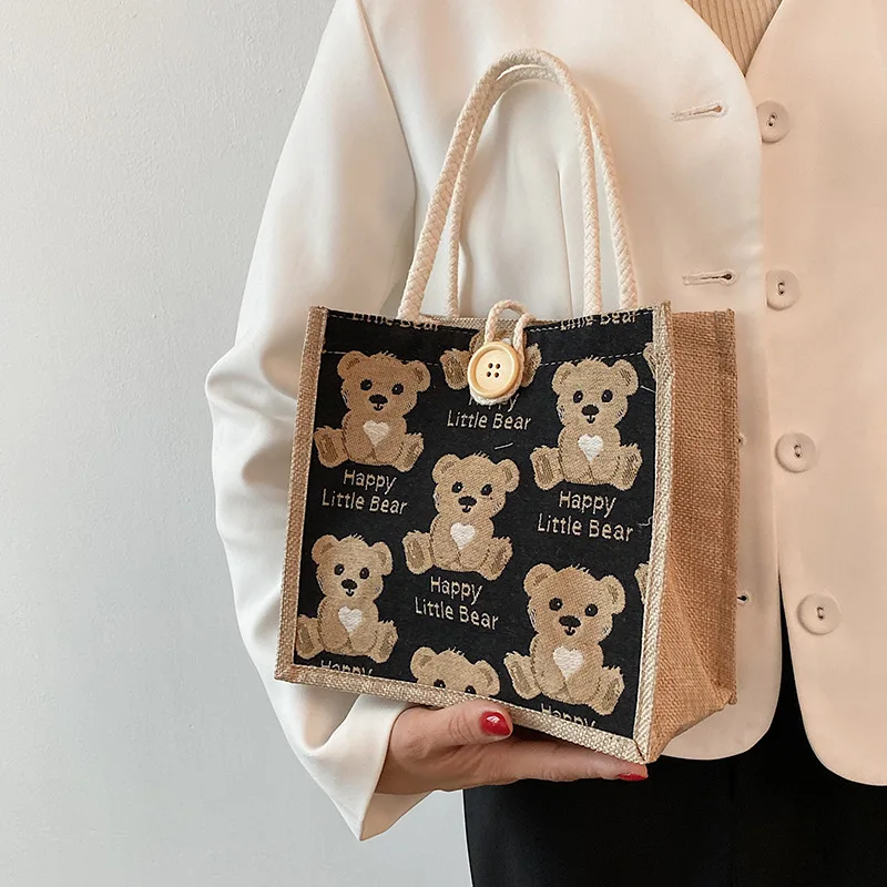 

Cute Bear Canvas Bag Portable Shopping Bag Large-Capacity Women Eco Cotton Linen Tote Bag Travel Shoulder Cloth Bag Handbag