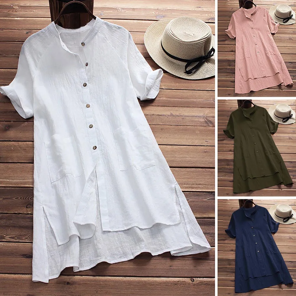 

Women Summer Short Sleeve Button Up Long Shirt Casual Cotton Linen Pockets Ladies Tops Solid Color Office Fashion Blouse Cothes