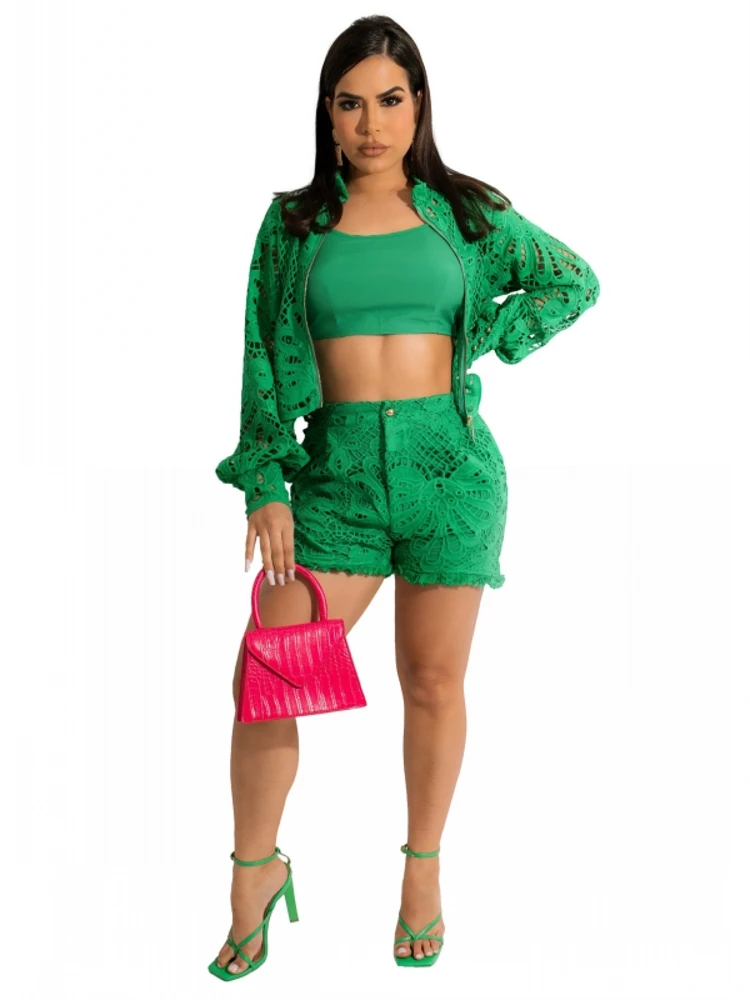 

Two Piece Set Long Sleeve Lace Tops And Shorts Suits Solid Color Sheath Matching Fashion 2022 Spring Summer Women Sets Outfit