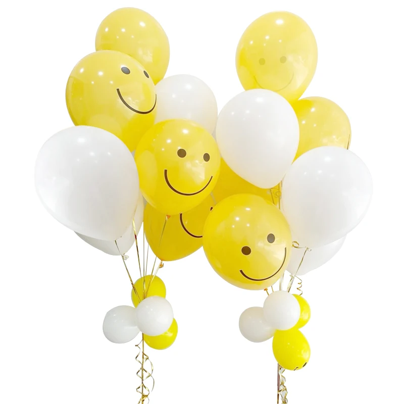 Бело-желтые латексные гелиевые шары со смайликом 20 шт. надувные для детей
