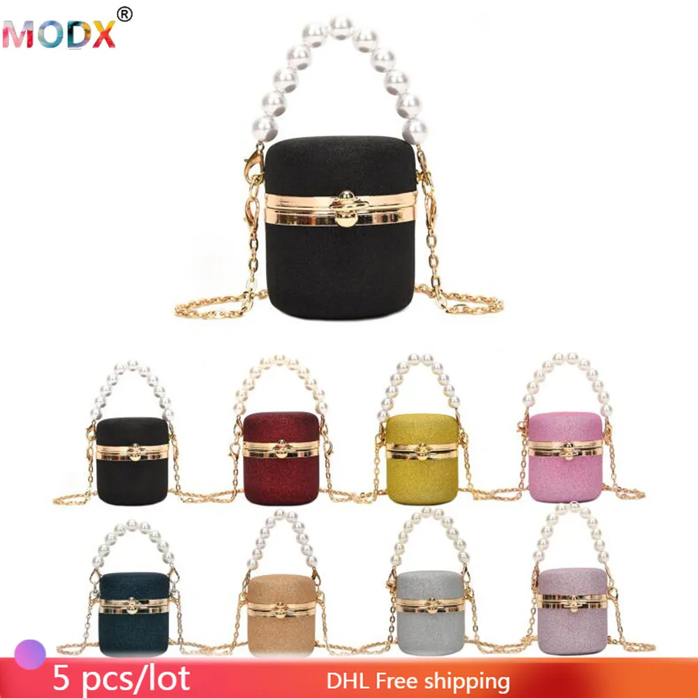 5 PCS Wholesale Women Bucket Bags Bright Retro Pearl Chain Mini Handbag 2022 New Trendy Spangle Shoulder Cross Body In Bulk 8183