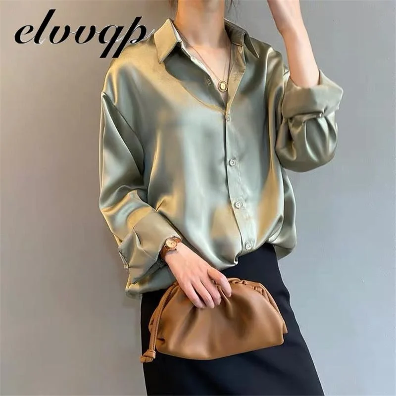 

New Spring Fashion Button Up Satin Faux Silk Shirt Vintage Blouse Women White Lady Long Sleeves Female Loose Street Shirts