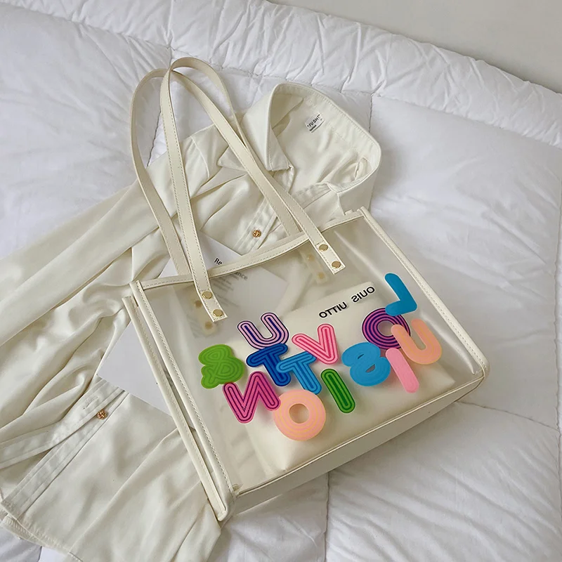 

Fashion Luxury letter Shoulder Bags 2 Pieces Brand Big Transparent PVC Tote Women messenger leather Beach Handbags Lady Purses