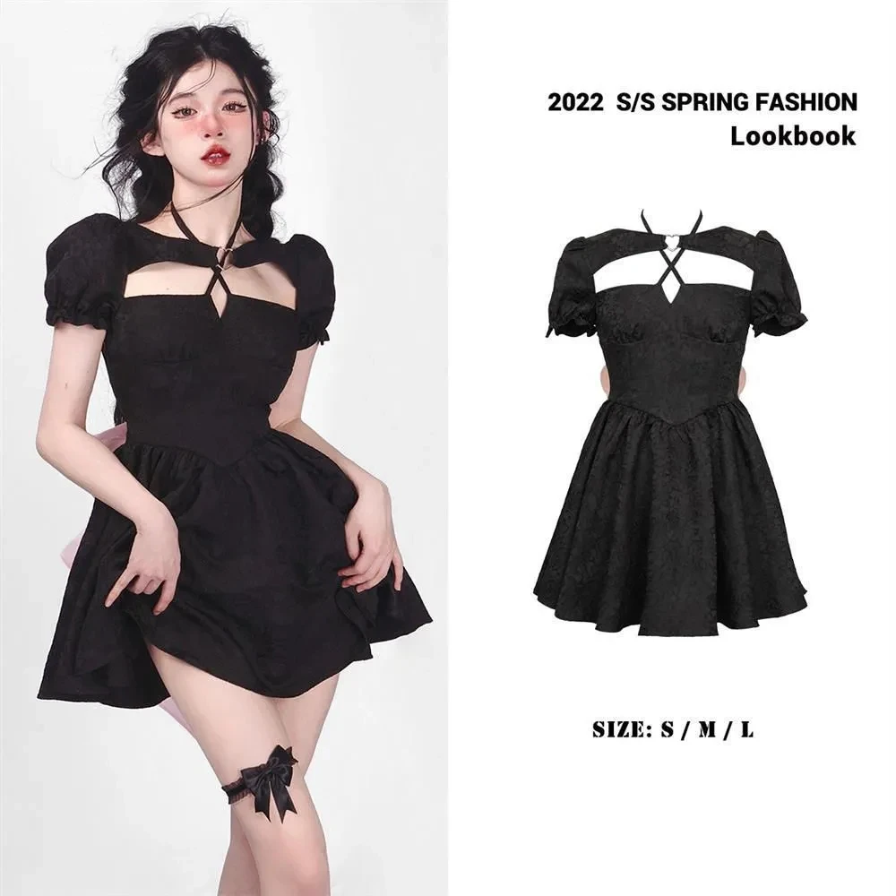 

2023 High -quality black high -waisted hollow design pink bow strap short female dress