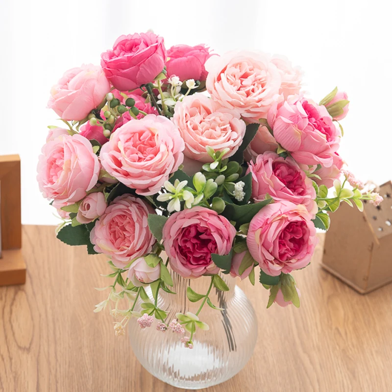 

Rose Pink Silk Peony Artificial Flower Wedding Bride Holding Bouquet Spring Garden Decoration Home Living Room Vase Supplies