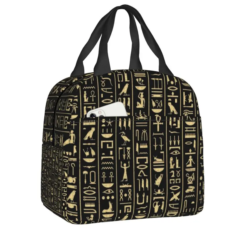 

Custom Black Gold Hieroglyphics Lunch Bag Men Women Warm Cooler Insulated Lunch Box for Kids School Children