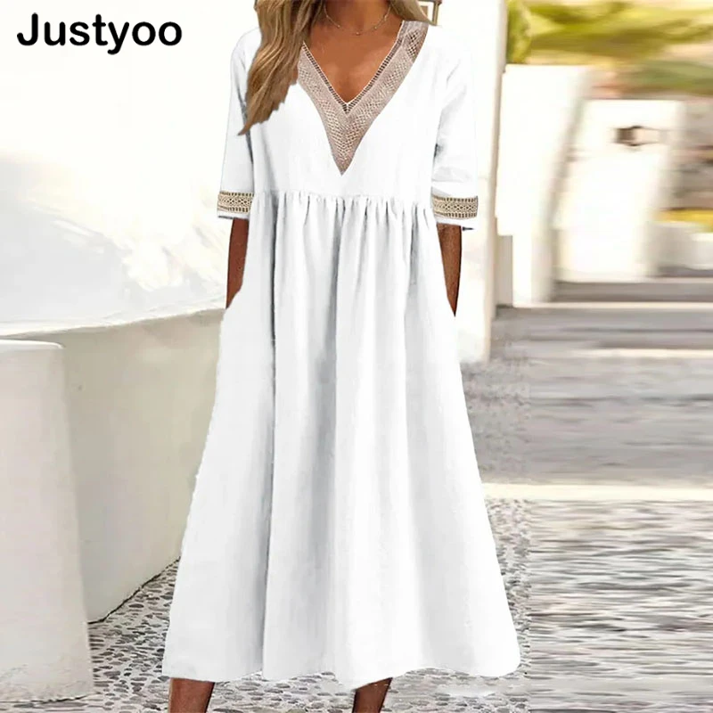

Женское элегантное платье с V-образным вырезом, лето 2023, модное платье из хлопка и льна, женское летнее повседневное Свободное длинное платье