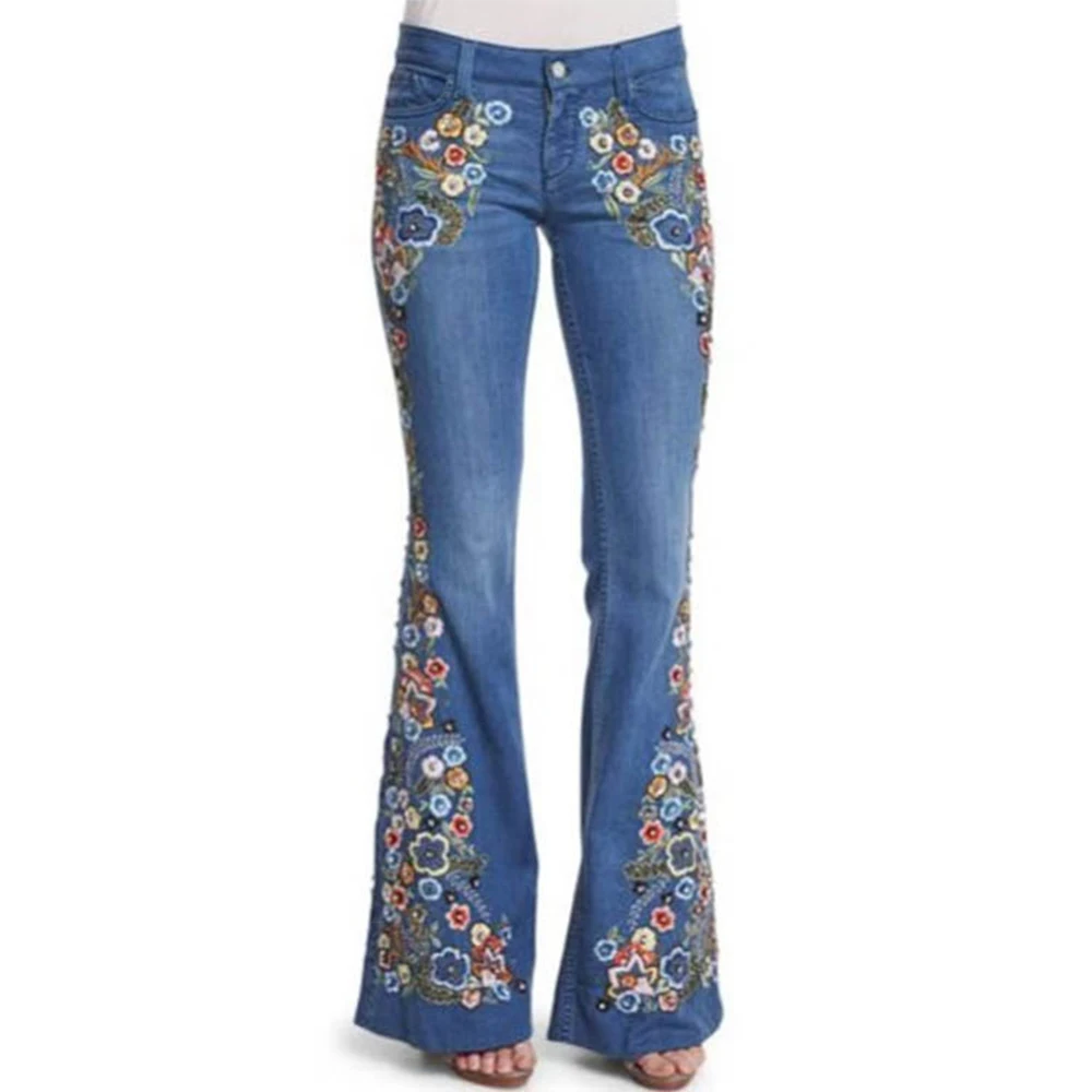 

Women's Autumn Denim Pants Mid Waist Embroidered Jeans
