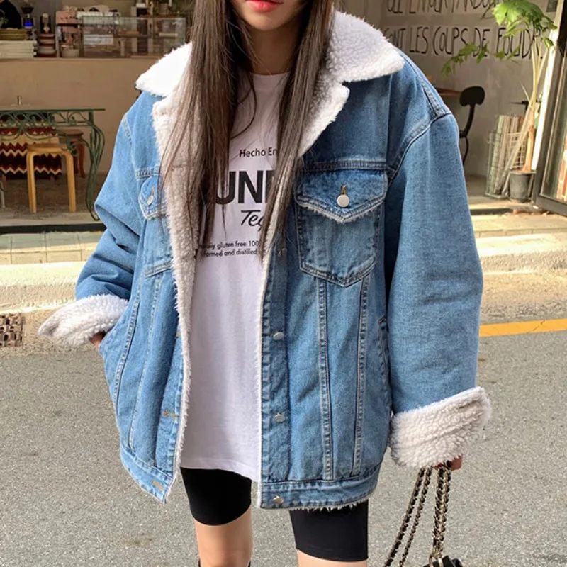 

Шикарная осенне-зимняя винтажная одежда в южнокорейском стиле с отворотом и карманами свободная повседневная модель 100 из овечьей шерсти с длинным рукавом