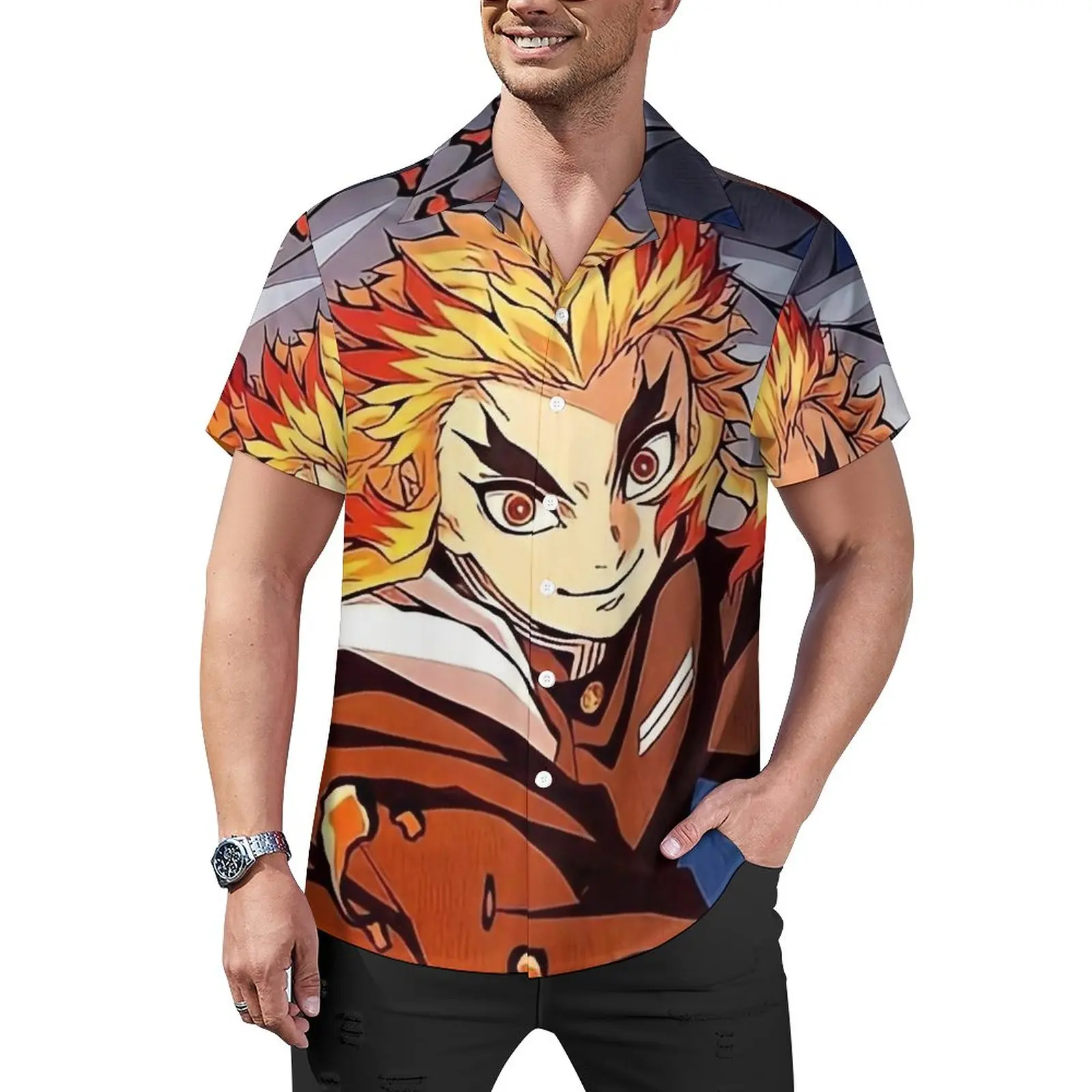 

Cute Demon Slayer Vacation Shirt Rengoku Kyojuro Summer Casual Shirts Mens Trendy Blouses Short-Sleeve Design Clothes Plus Size