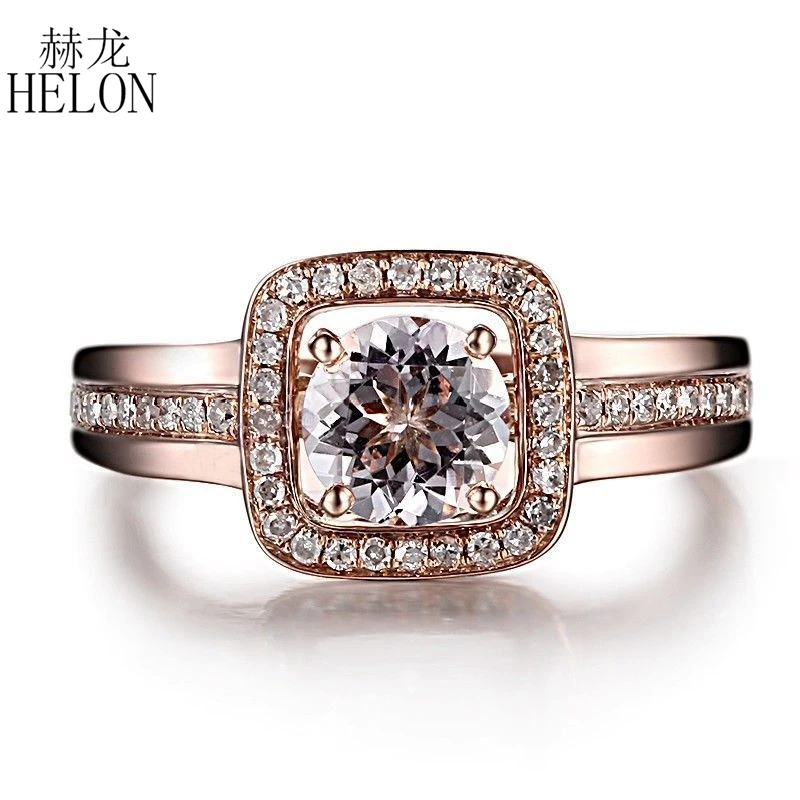 

HELON Solid 14K 10K Rose Gold Flawless Round 6mm Genuine Morganite Diamonds Women Party Fine Jewelry Engagement Wedding Ring