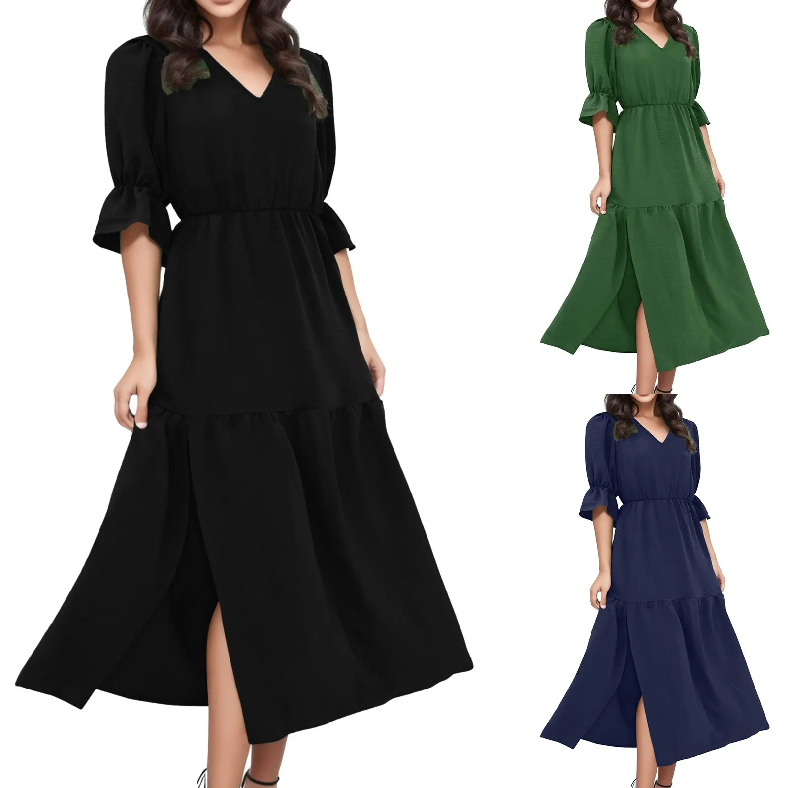 

Womens Fall Dress Casual Print Womens Summer Dresses Wrap V Neck Short Sleeve A Line Boho Dress Ruffle Hem Slim Linen Dress