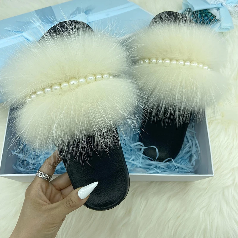 Шлепанцы Женские Летние Пушистые Натуральный Мех Тапочки 2022 Жемчужная Цепочка