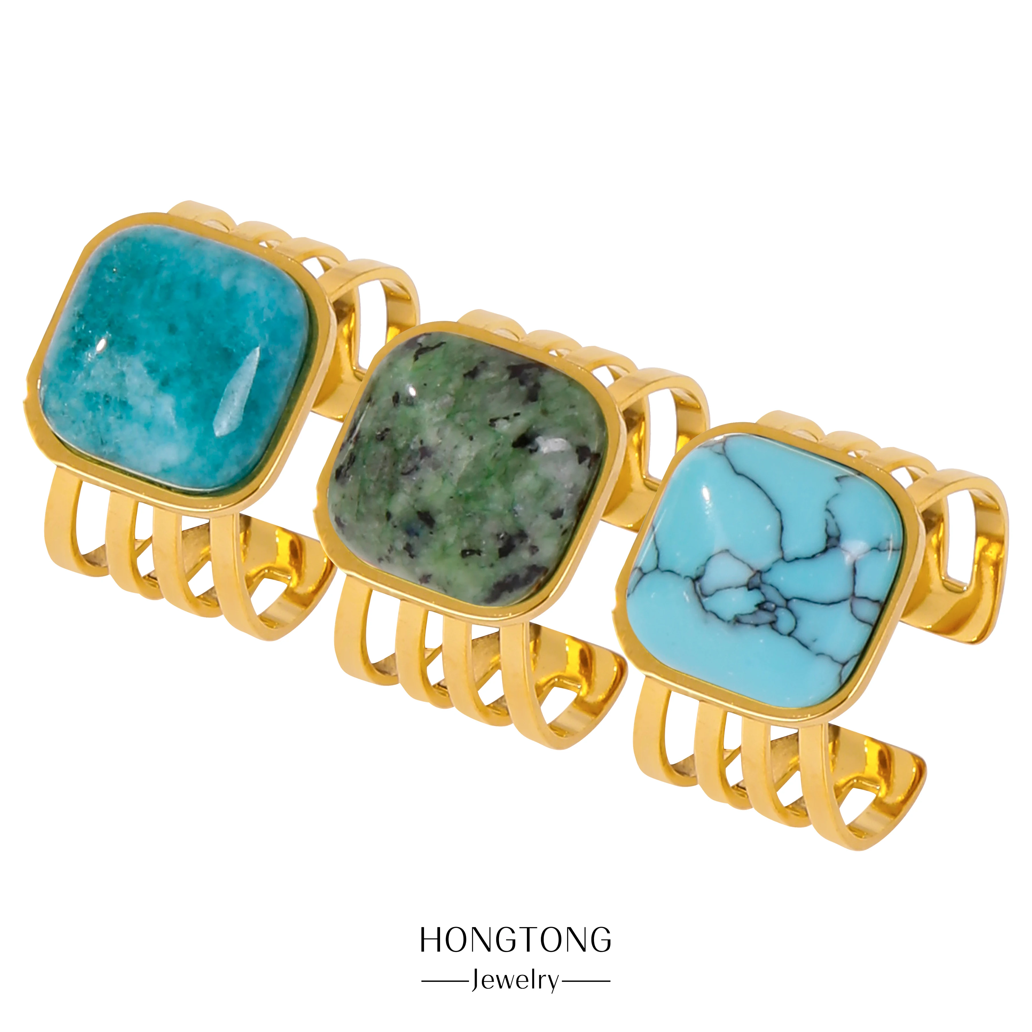 

HONGTONG Gilded Luxury Turquoise Large Gem Fashion Ring Stainless Steel Ring Jewelry Couples Gift Party Banquet