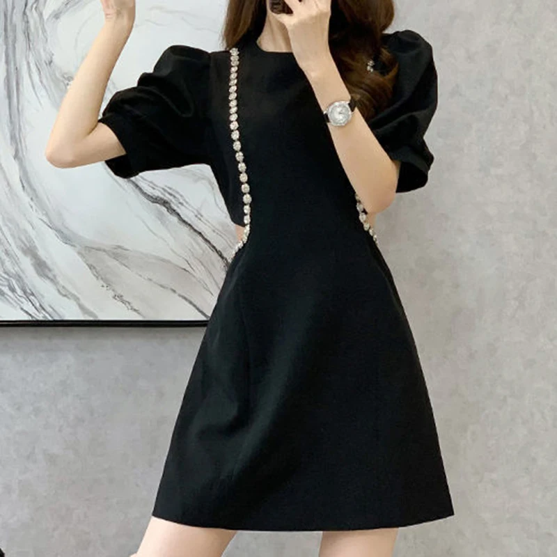 

2023 Summer Dresses for Women: A Retro Waist Tie Drill Hollow Flower Bud Short Sleeve Black Dress bodycon dress