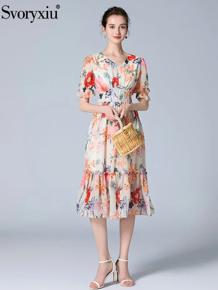 

Svoryxiu Summer Fashion Runway Dress Women's Puff Sleeve Beading Ruffles High Waist Gorgeous Print Slim Vacation Midi Dress