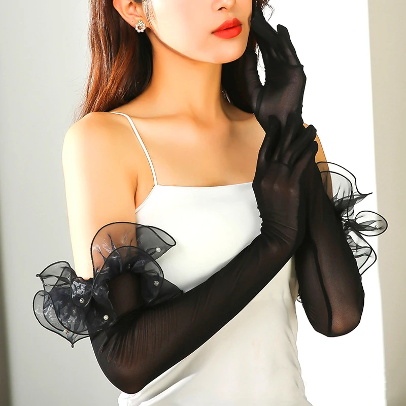 

Женские длинные перчатки, классические Перчатки Оперы над локтем, тянущиеся перчатки с волнистым жемчугом, черные свадебные сексуальные перчатки для представлений