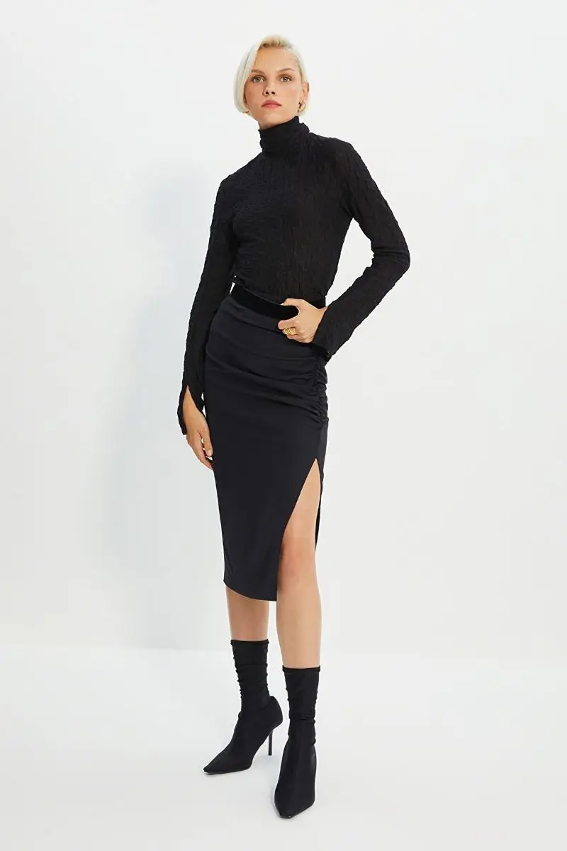

Black shirred slit detailed skirt TWOSS20ET0045 2022 quality women skirt