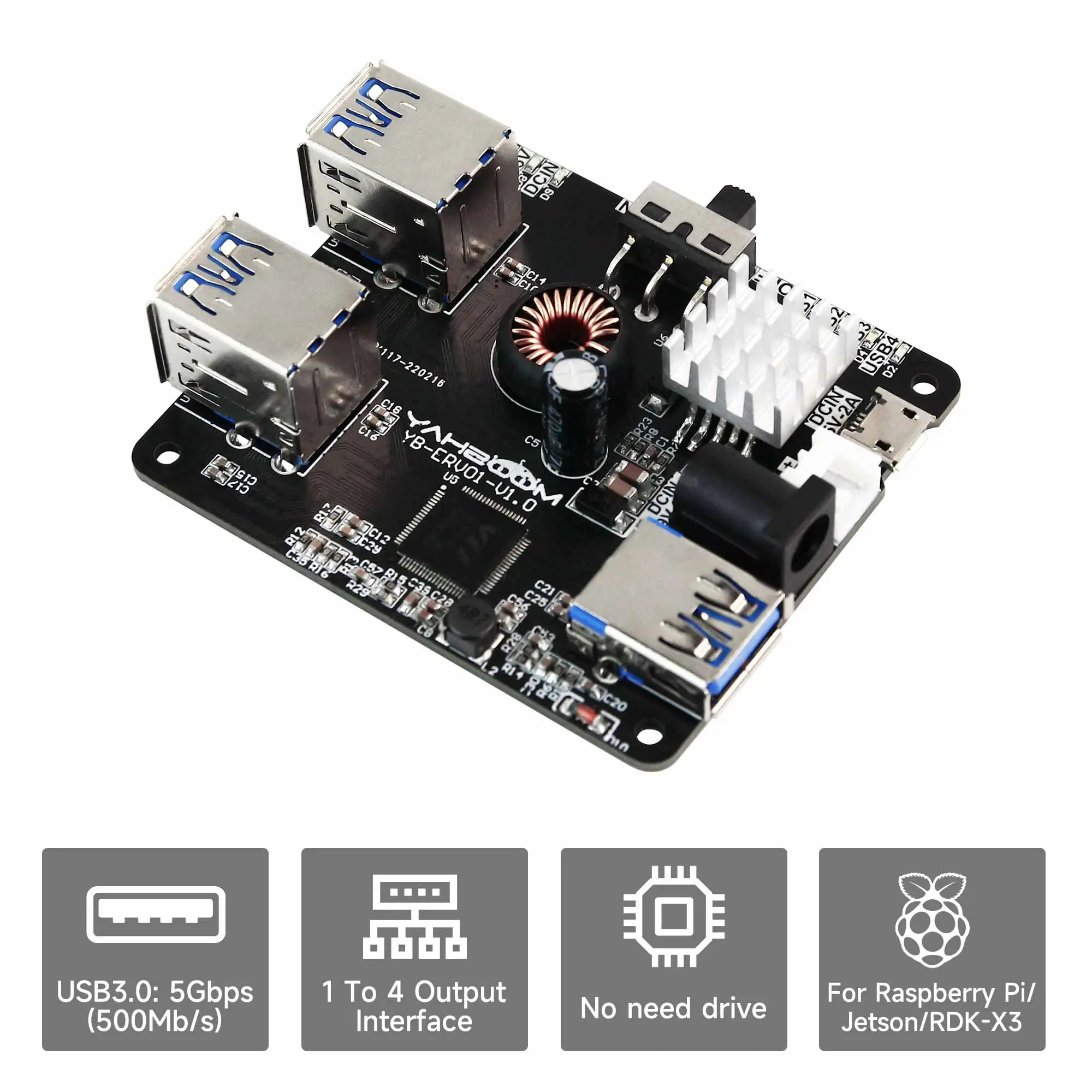 4 Ports USB 3.0 HUB Expansion Board For JETSON NANO Raspberry Pi 4B DIY Robot Car Kit Onboard 9-24V Power Driver-Free Plug&Play