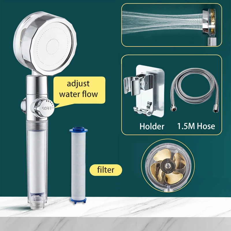 

Турбонасадка для душа с вентилятором, насадка для душа, одно нажатие, стопор, водосберегающий фильтр, аксессуары для ванной комнаты, держате...