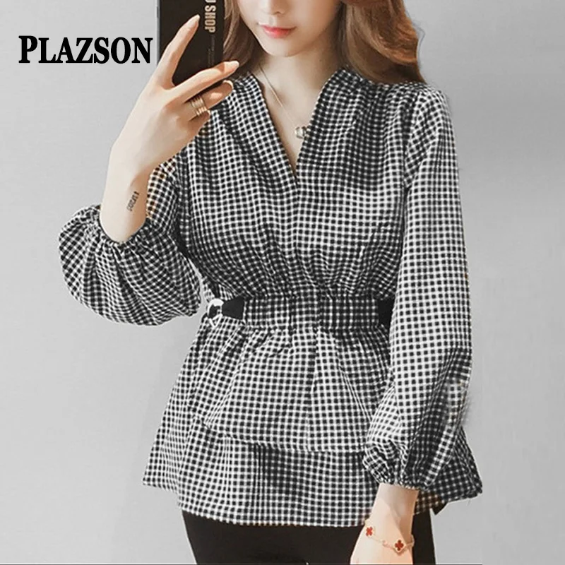 

PLAZSON Women's Plaid Shirt Pullover Spring Fall Long Sleeve V Neck Elegant Blouse Corset Waist Tops Party Wear 셔츠 & 블라우스 Blusas