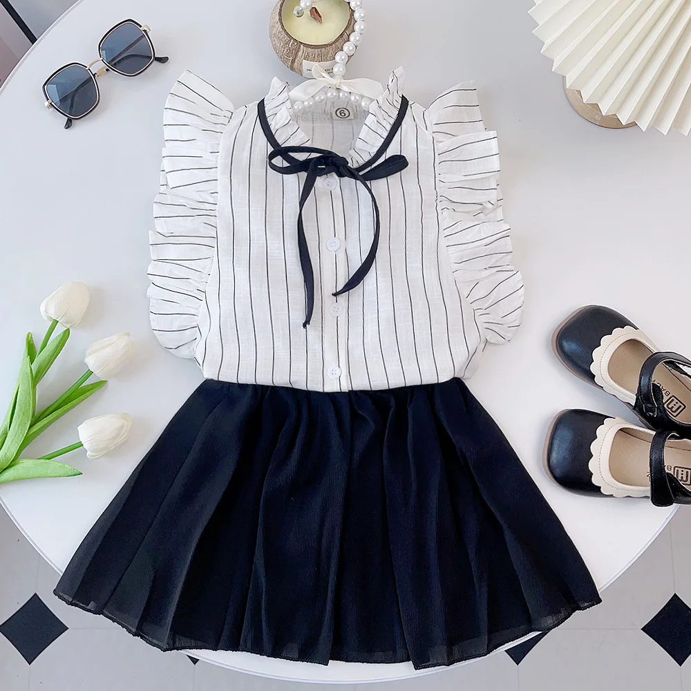 

New Summer Dress 3-7 Year Old Girls 2PCS Sets Sleeveless Shirt+Pants Temperament OL Striped Shirt Flying Sleeves Sweet Cute