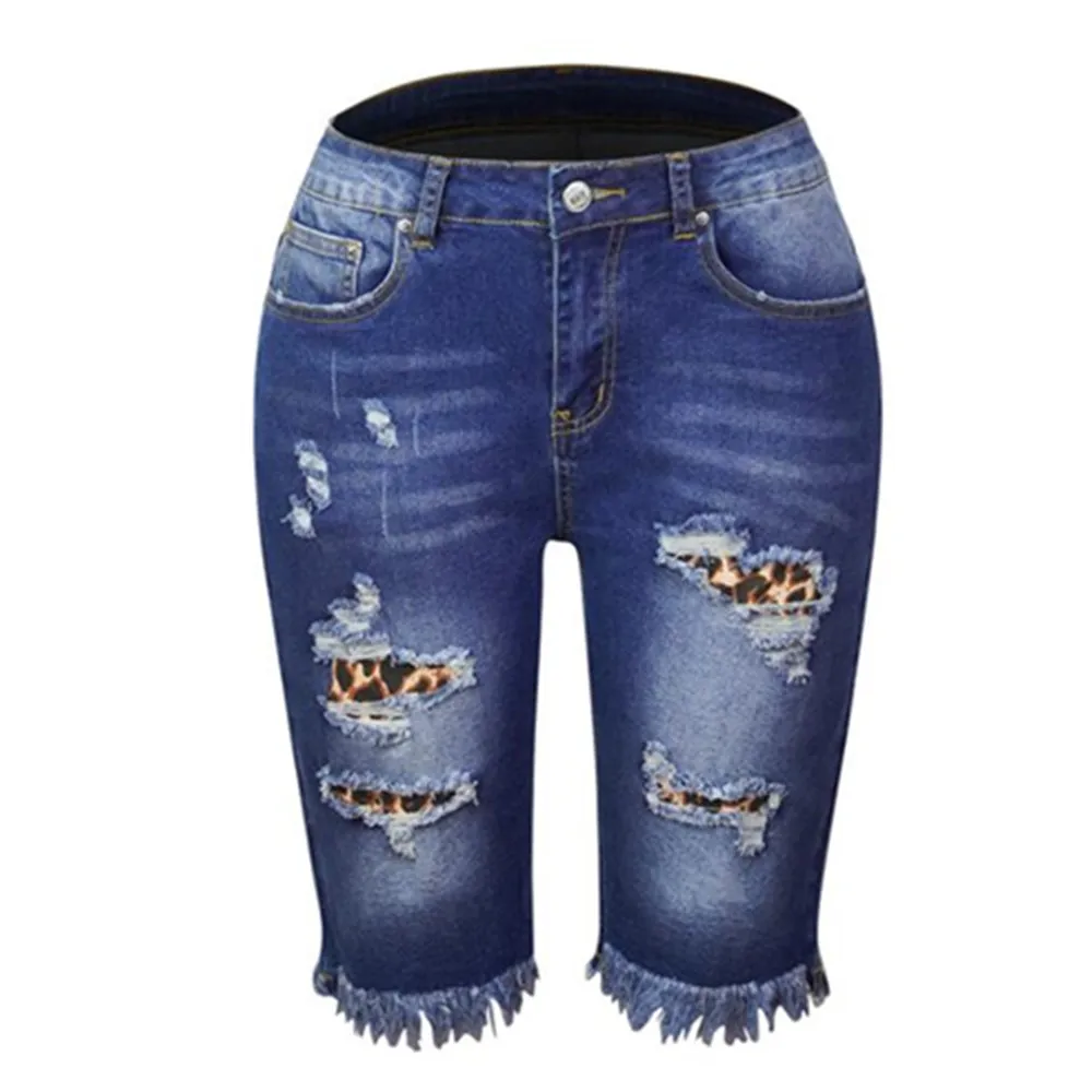 

Summer Fashion Long Denim Shorts Women Ripped High Waisted Bermuda Jeans Shorts Woman Elegant Knee Length Raw Tassel Short Jeans