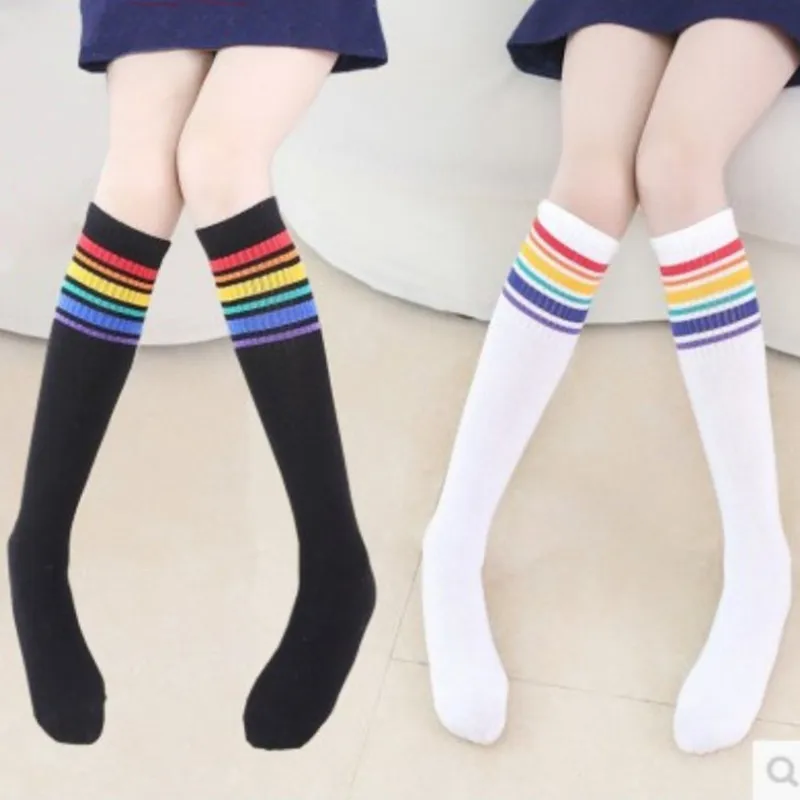 Student Stockings over the Knee Cotton Straight Board Children's Tube Socks Stitching Rainbow Striped Boys and Girls Half Socks