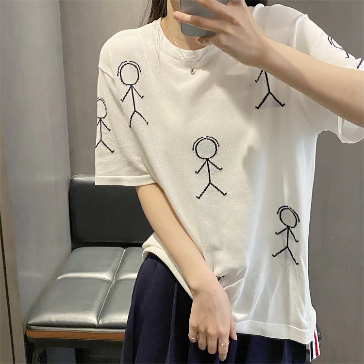 

Summer TB college style full body stickman ice hemp knitted short-sleeved round neck casual loose T-shirt top