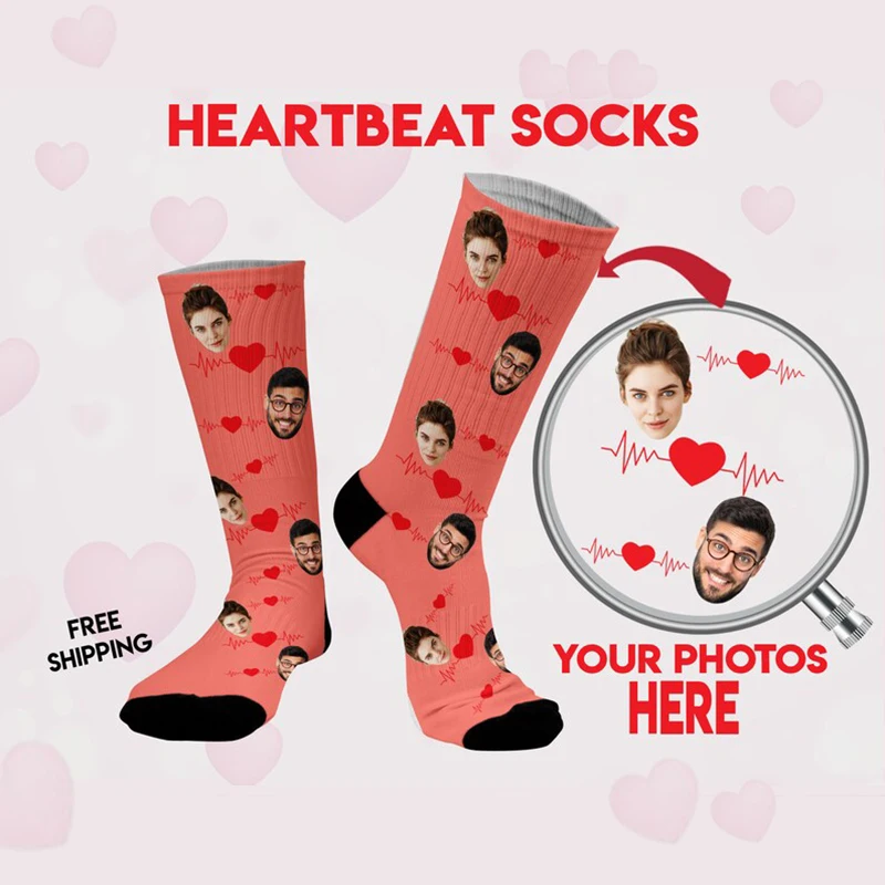 Custom Heartbeat Men Women Socks 3D Printed Fashion Face Custom Cotton Socks Suitable Gifts For Birthday Commemorative Day