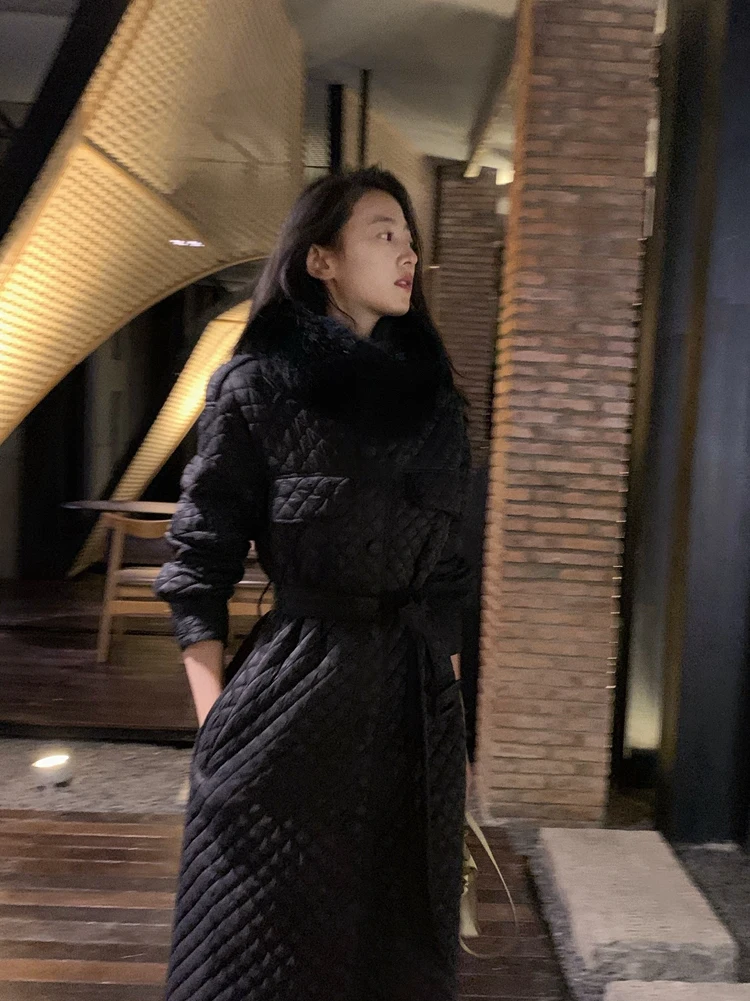 Winter Long Straight Coat Rhombus Pattern Casual Sashes Women Parkas Pockets Argyle Long Plaid Bubble Jacket Indie Vintage Coat