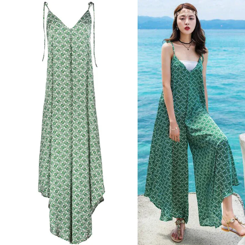 

Женский комбинезон на бретельках, Свободный комбинезон большого размера с V-образным вырезом и открытой спиной, с принтом и широкими штанин...