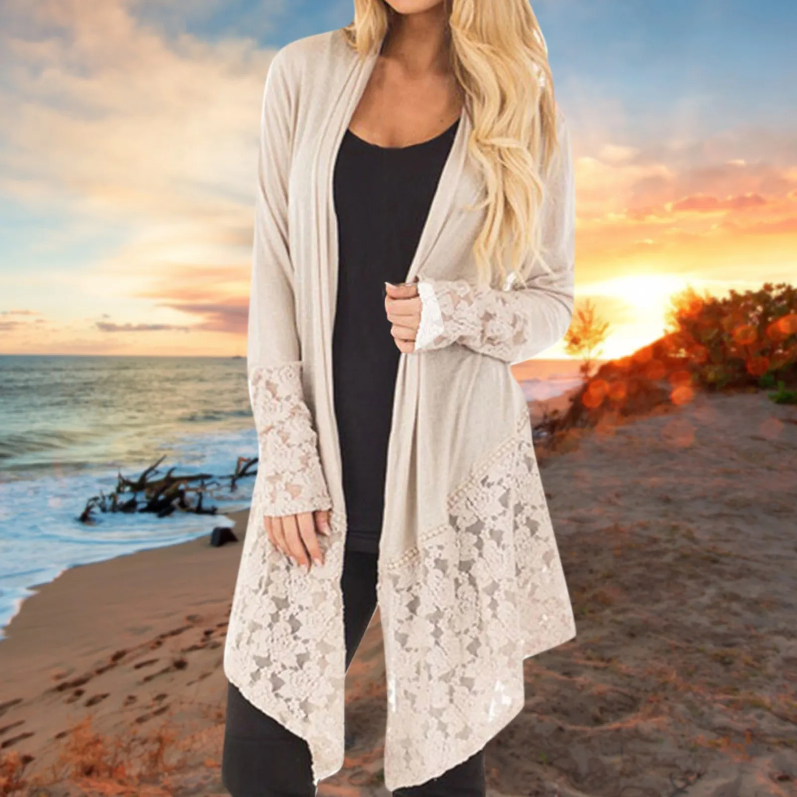 

Cardigans for Women Women Fashion Lace Patchwork Long Sleeve Casual Color Cardigan Coat Womens Long Striped Cardigan