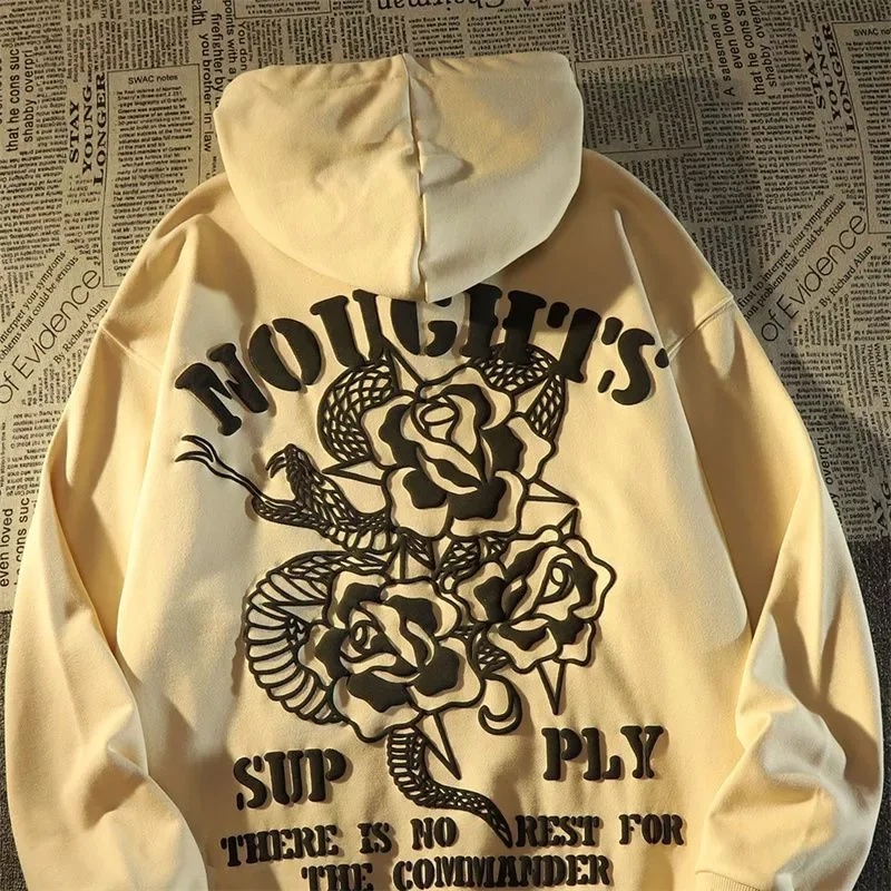 

NEW IN 2023 Y2K American hiphop letter rose print sweater coat for men and women autumn loose casual couple hoodie sweatshirt