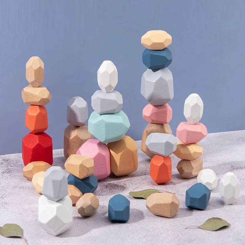 

Wood Rainbow Stones Block Colorful Wood Building Block Rainbow Stacker Balancing Stone Montessori Educational Toy Children