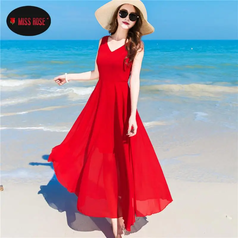 Женское шифоновое платье-макси без рукавов белое красное синее длинное платье в