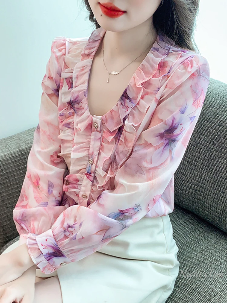 

Ruffled Floral Chiffon Shirt Women's Autumn Clothing 2023 New Design Sense Niche Long Sleeve Younger Top All-Matching Blouses