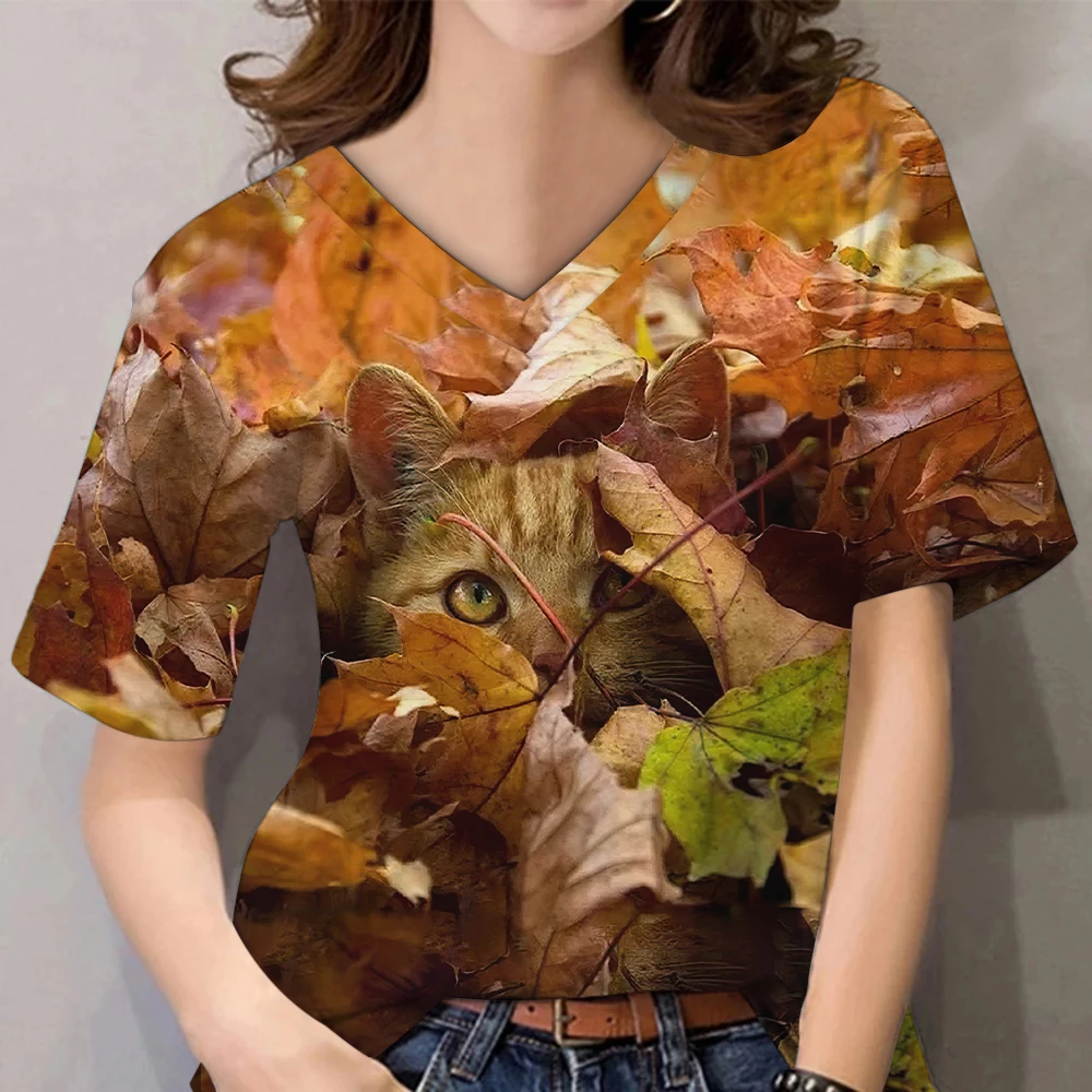 

Animal Women T-shirt Summer V-neck Short Sleeve Oversized Casual Tee Cat Cat 3D Printed Clothing For Lady Fashion Street Shirt