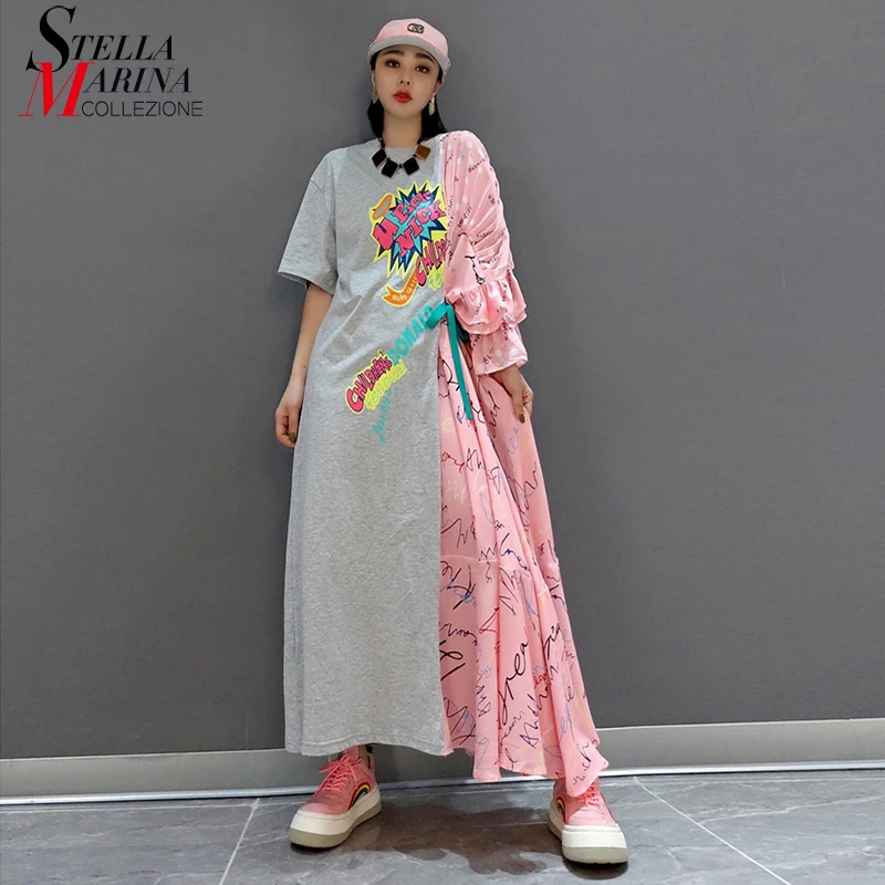 Розовая серая Лоскутная женская летняя повседневная одежда пуловер необычное